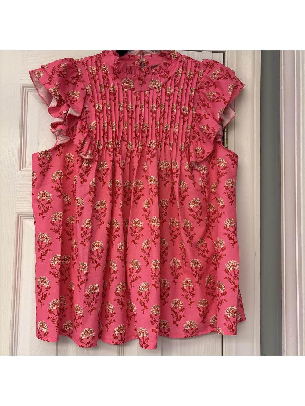 SHEIN Hot Pink Floral Sleeveless Pleated Ruffle Blouse. Size XL. Summer. - Picture 6 of 11